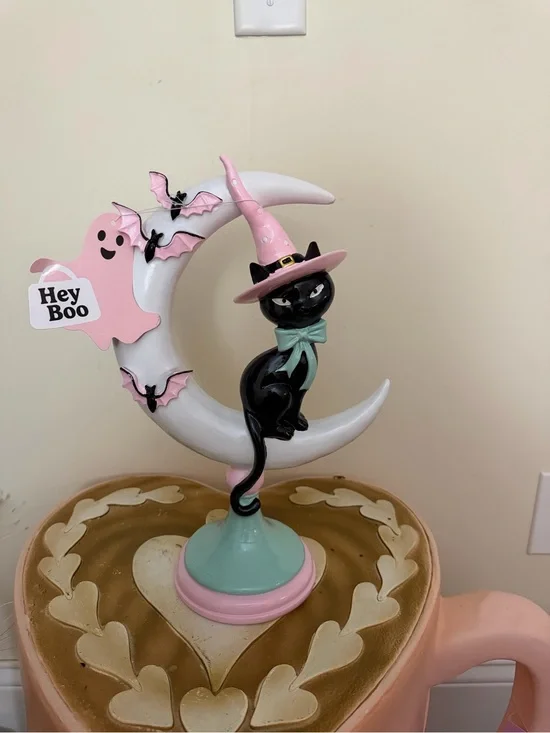 Hey Boo Halloween Pastel Resin Moon with Black Cat with Pink Witch Hat & Bats