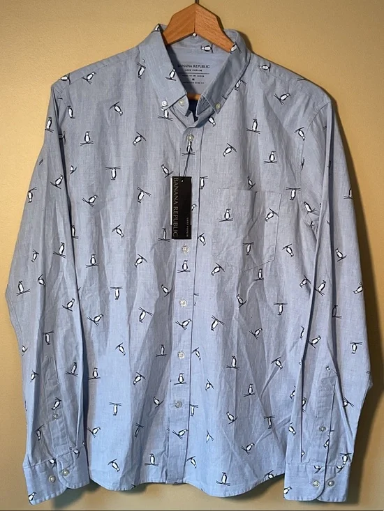 Banana Republic Untucked Slim-Fit Poplin Penguin Button-Down Size M