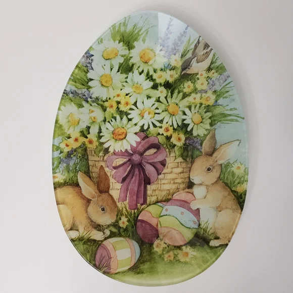 Prima Design Easter Serving Platter Glass Daisies Bunnies Egg Shaped Replacement