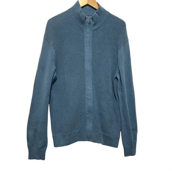 Banana Republic Men Full Zip Sweater L Blue Waffle Knit Cotton Minimalist Modern