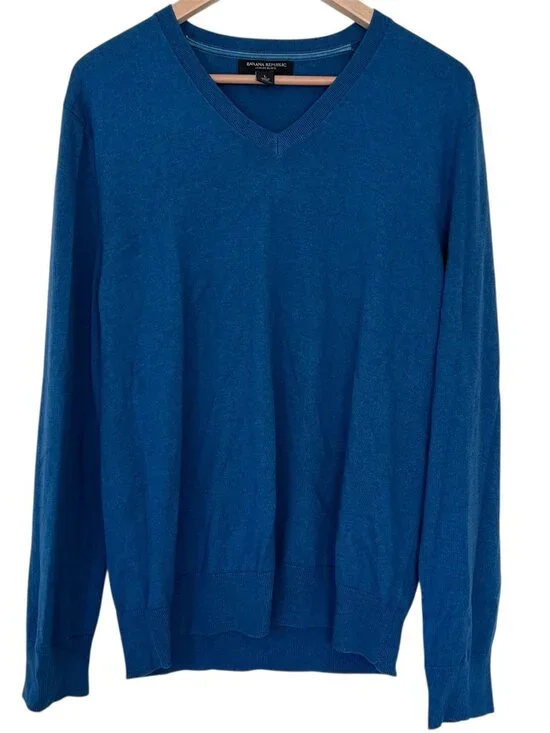 Banana Republic Silk Cotton Cashmere Blend V-Neck Sweater Turquoise Blue Large