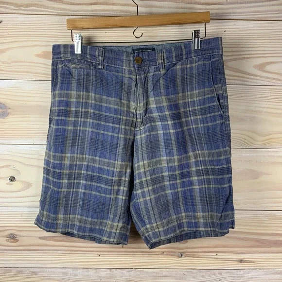 Banana Republic 100% Linen Shorts Plaid Mens 34‎ Travel Golf Preppy