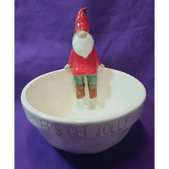 Mud Pie Ceramic Candy Dish 3D Holiday Gnome Sits On Edge 