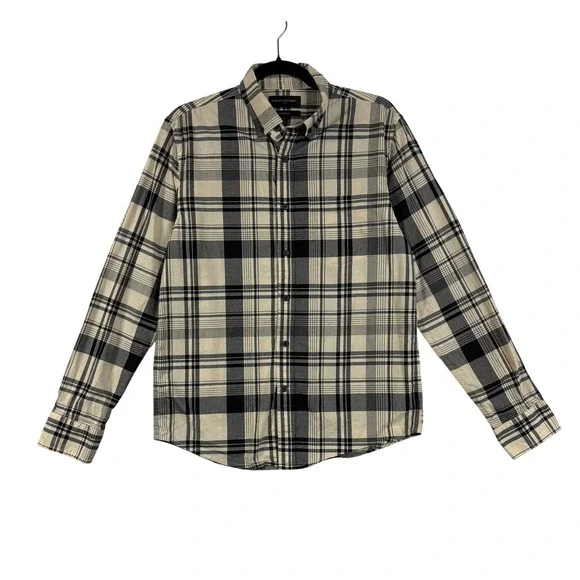 Banana Republic S Cream Black Plaid Buttoned Shirt Untucked Fit 100% Cotton Work
