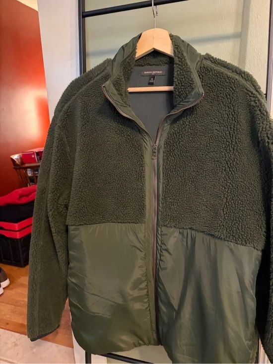 Banana Republic Men's Olive Green Sherpa & Nylon Zip-Up Jacket