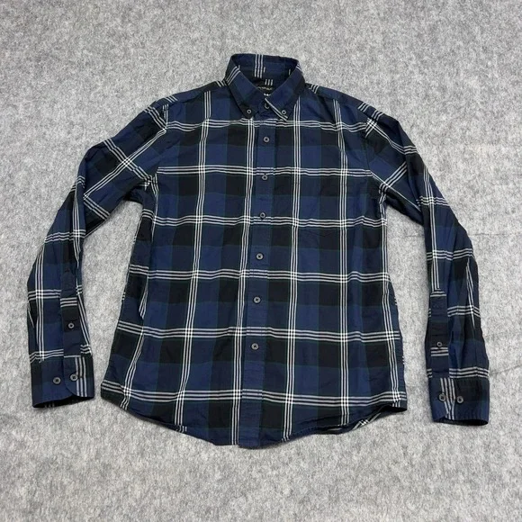 Banana Republic Shirt Mens S Blue Plaid Untucked Organic Cotton Button Preppy