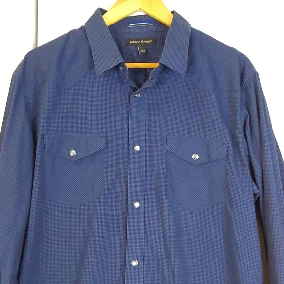 Banana Republic |Mens Blue/Black Check Western Pearl Snap Dress Shirt Sz.L