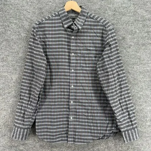Banana Republic Shirt Men M Medium Gray Plaid Button Up Collared Long Sleeve