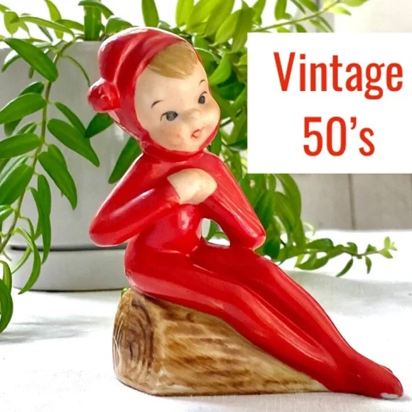 Antique Christmas Figurine Pixie Girl On Log Vintage Christmas Ornaments MCM