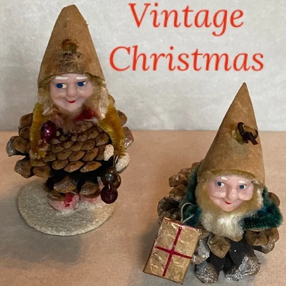 Vintage Shiny Brite Pinecone Putz Dwarfs Elf Gnomes Christmas Elves Japan