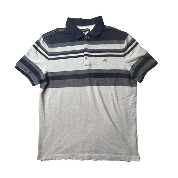Banana Republic Polo Shirt Mens Large Grey Striped ST Eng Ox Piqu Elephant Logo