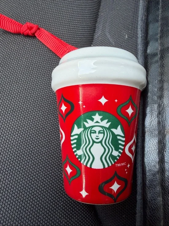 Starbucks Red and Green Holiday Cup Ornament with White Lid