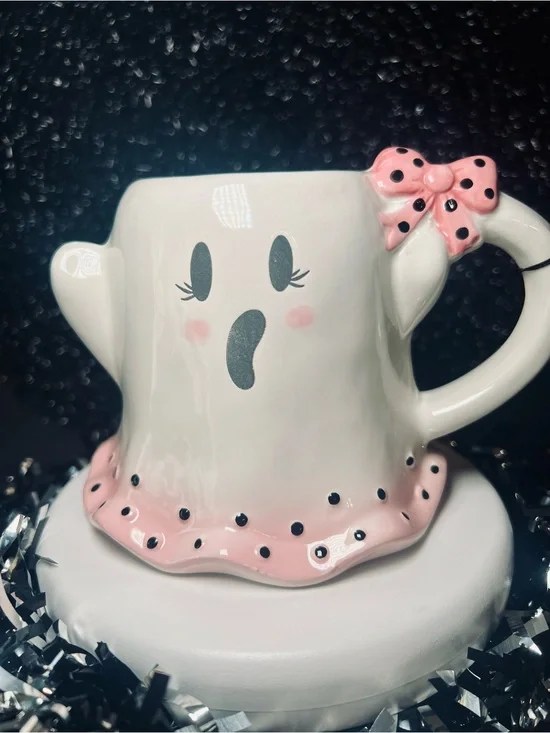 Halloween Pink & Black Polka Dot Ghost Ceramic Mug Hair Bow Cute Skirt Girl