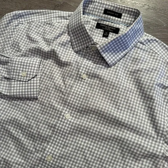 Banana Republic Shirt Mens M Gray Gingham Cotton Stretch Non-Iron Grant Fit LS