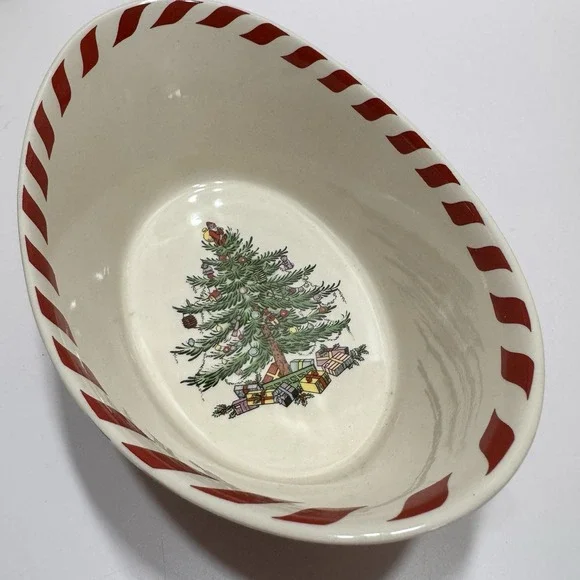 Spode Christmas Tree Peppermint Oval Bowl Holiday Serving Dish Candy Cane 9