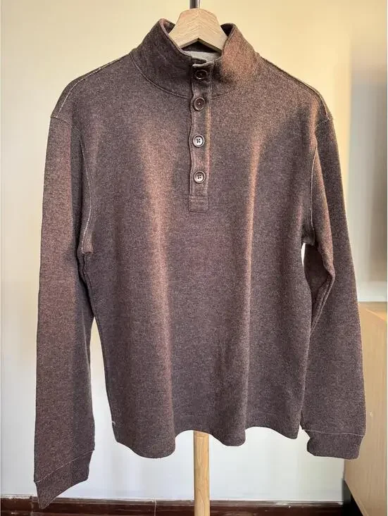 Brown Long Sleeve Buttoned Mock Neck Sweater