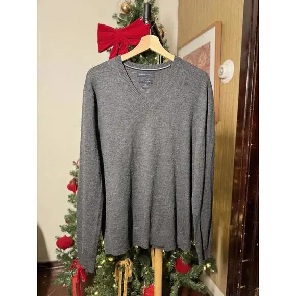 Banana Republic Men's Gray V-Neck Sweater Extra Fine Merino Wool