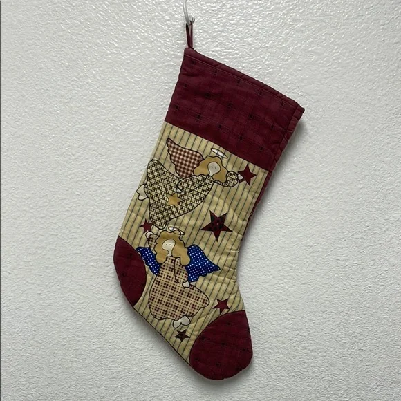 Festive Burgundy and Tan Angels and Stars Holiday Christmas Farmhouse Stocking