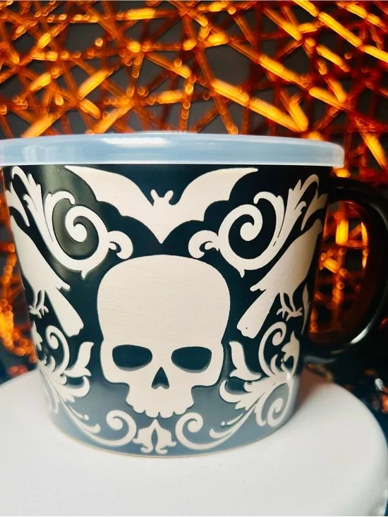 Black & White Skull Soup Mug with Lid Gothic Raven & Bats Halloween Stoneware