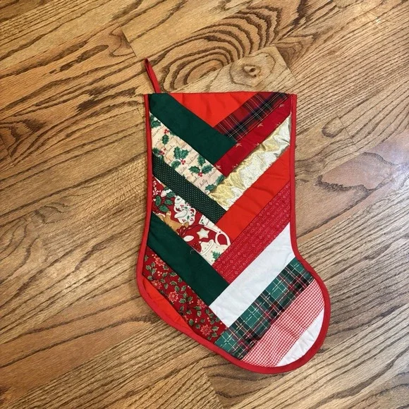 Vintage Handmade Quilted Christmas Stocking Patchwork Red Green Holiday 18