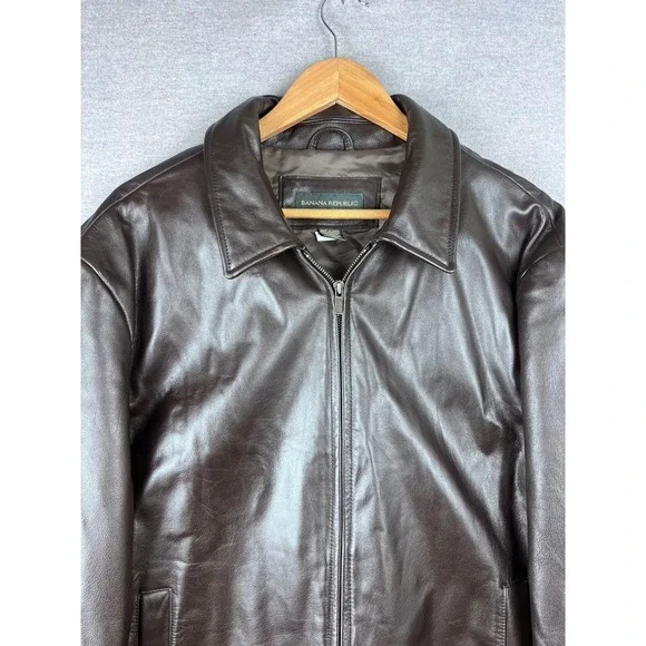 Banana Republic Mens Dark Brown Genuine Leather Full Zip‎ Jacket XL RN 54023