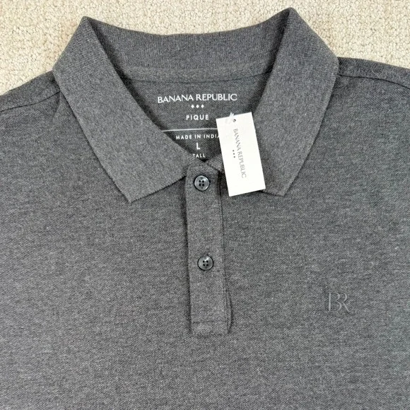 NEW Banana Republic Mens Large Tall Gray Pique Cotton Short Sleeve Polo Shirt