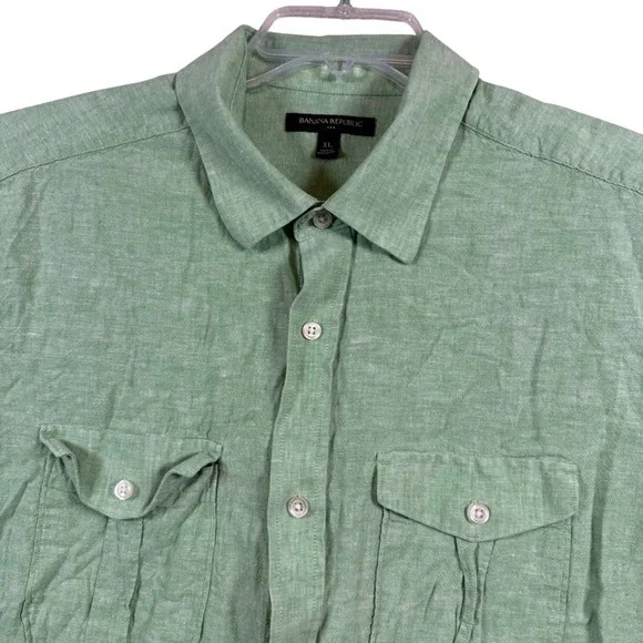 Banana Republic Button Down Mens XL Green Linen Blend Short Sleeve Utility Shirt
