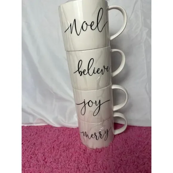 Set 4 Large Holiday Christmas Coffee Mugs Cups White Black‎ Words Letters