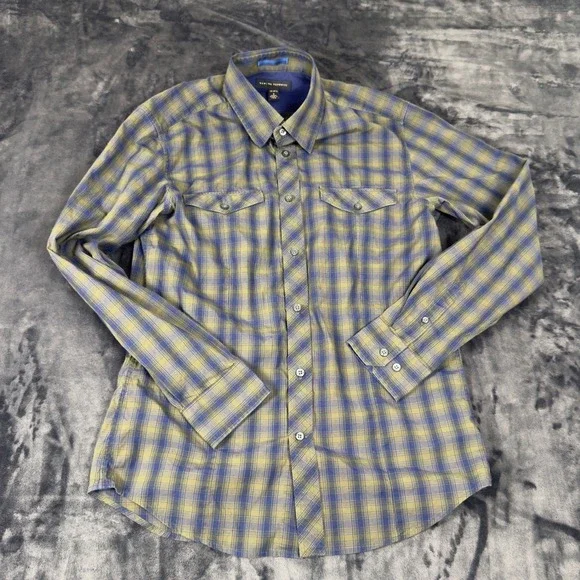 Banana Republic Button Down Shirt Mens S Blue Olive Plaid Stretch Long Sleeve