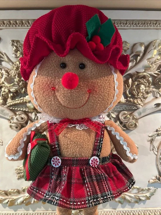 NWT Holiday Gingerbread Doll Plush - Red Hat and Plaid Dress 30”