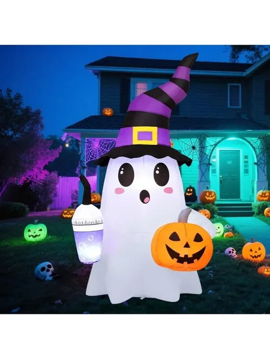Cute Halloween Inflatable Ghosts with Magic Drinks & Pumpkin - LED Yard Decor
