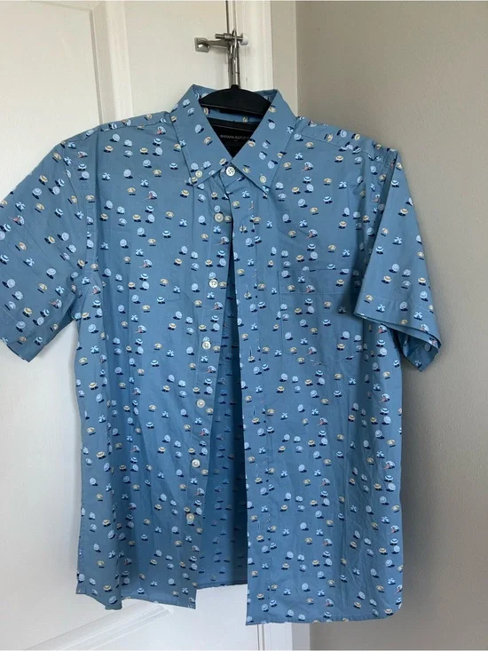 Banana Republic Men's Light Blue Short-Sleeve Button-Up Shirt - Casual Print