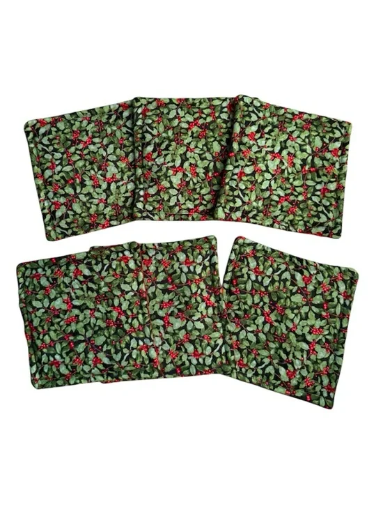 Handmade Bundle of (6) Green Holly Print Christmas Holiday Fabric Coasters Decor