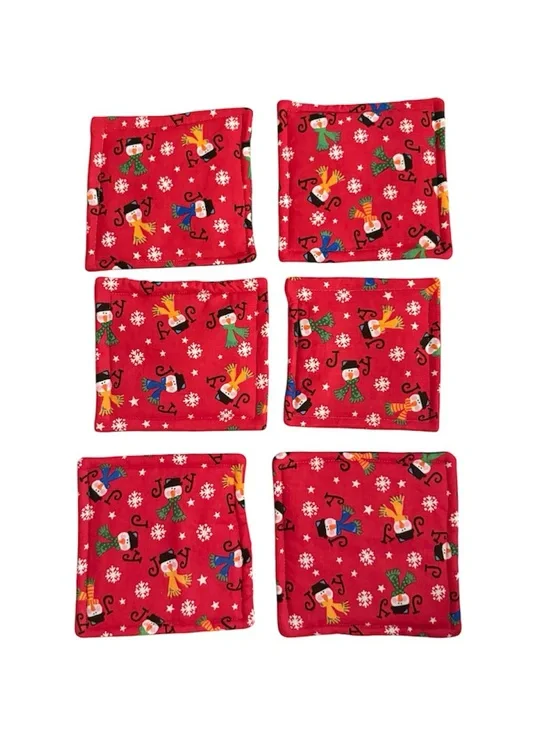 Handmade Bundle of (6) Red Snowmen Print Christmas Holiday Fabric Coasters Decor