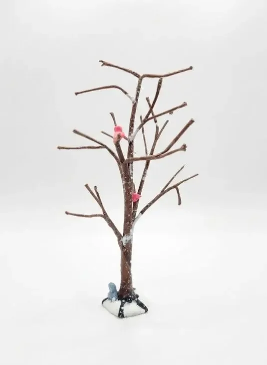 Dept 56 Village Frosted Bare Branch Tree With Cardinals And Squirrel