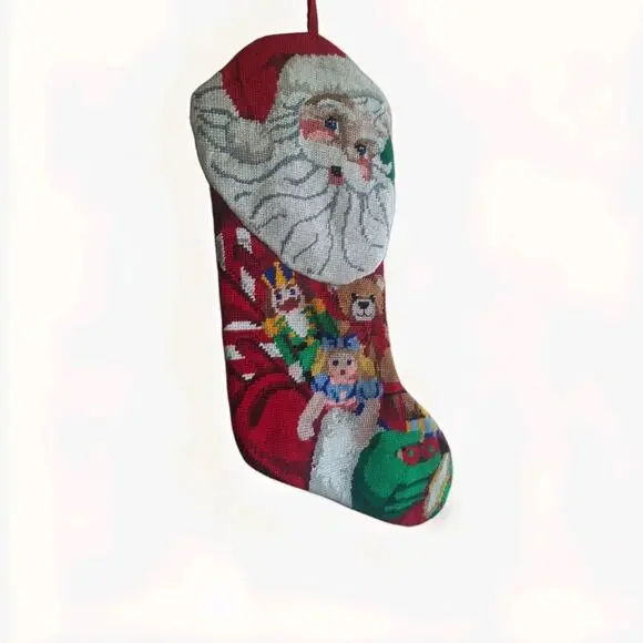 Needlepoint Christmas Stocking 3D Santa Claus Face Arms Holding Toys Vintage