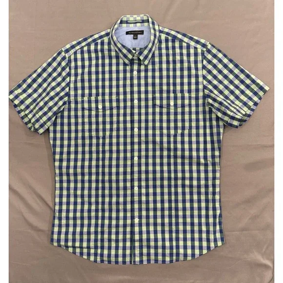 Banana Republic Men's Large L Green Blue Plaid Button Front Short-Sleeve Shirt