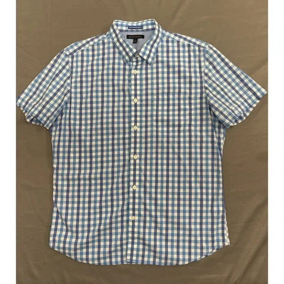 Banana Republic Short Sleeve Plaid Button Down Shirt Men's L Blue White