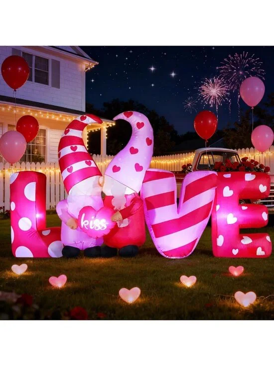 8ft Love Inflatable with Kissing Gnomes, LED Lights for Valentine's Day Decor