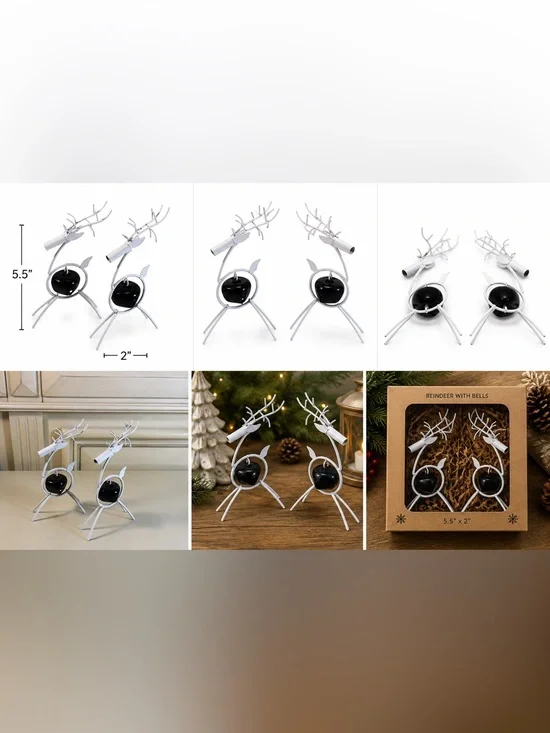 Set of 2 Modern White Metal Reindeer Bell Christmas Decorations Holiday Decor