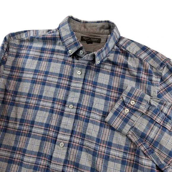 Banana Republic Luxe Flannel Shirt Mens Large Blue Gray Plaid Slim Fit Soft