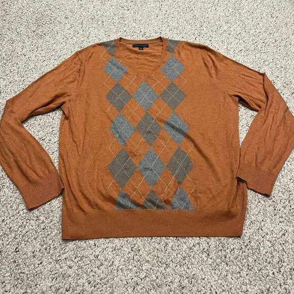 Banana Republic V Neck Argyle Diamond Sweater Silk Blend XL Preppy Classic