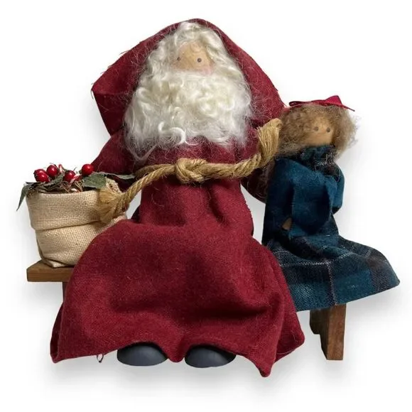 Vintage Lizzie High Wooden Folk Dolls Removable Santa Child Bench Handcrafted