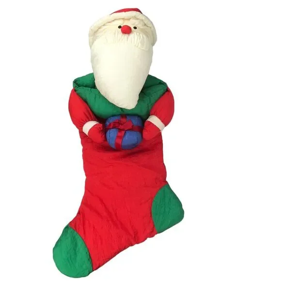 Vintage JS International Santa Claus Nylon Plush Christmas Stocking Parachute