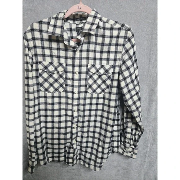 Banana Republic Mens Black White Plaid Flannel Shirt Standard Fit Cotton Medium