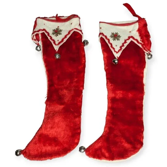 Vintage Felt Red & White Christmas Stockings with Bells 14