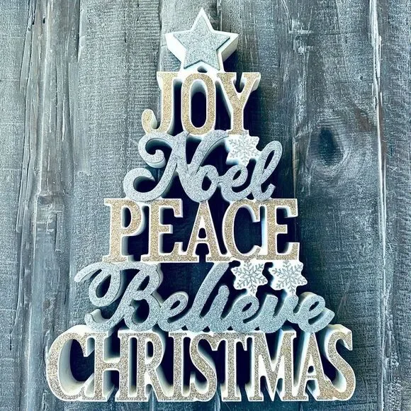Christmas Tree Cutout Festive Glitter Decor Sign