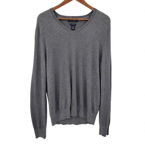 Banana Republic‎ Mens L Gray V-Neck Sweater Silk Cotton Cashmere Blend Preppy