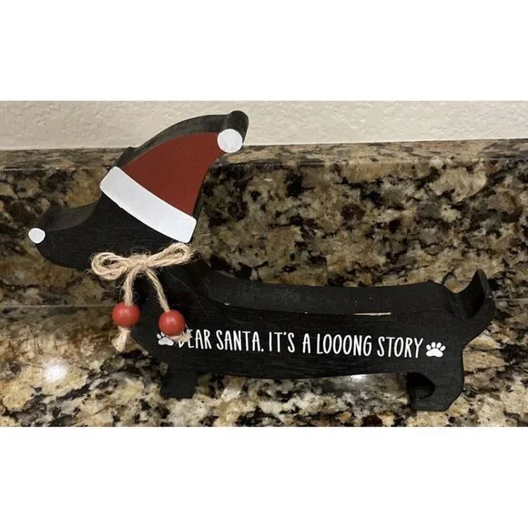 Dachshund Black Wooden Christmas Decor Shelf Sitter Santa‎ Its A Long Story NEW