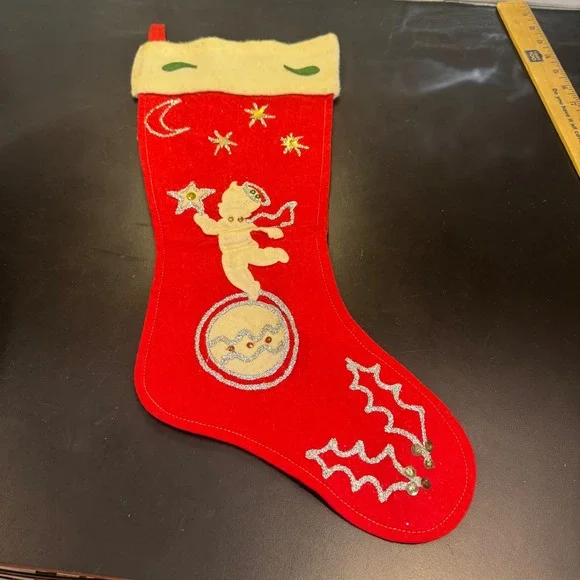 Vintage Christmas Stocking Red 20in Angel Moon Stars Felt Sequin Handmade MCM